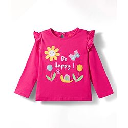 Babyhug 100% Cotton Knit Full Sleeves Top with Frill & Floral Print - Dark Pink