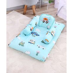 Babyhug 100% Cotton Gadda Bedding Set Cute Car Print - Sea Green| Soft & Breathable Cotton Shell| Mattress with Pillow & 2 Bolsters| Gentle Cushioned Support| Gifting Option for 0to12 Months