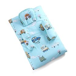 Babyhug 100% Cotton Gadda Bedding Set Cute Car Print - Sea Green| Soft & Breathable Cotton Shell| Mattress with Pillow & 2 Bolsters| Gentle Cushioned Support| Gifting Option for 0to12 Months