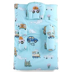 Babyhug 100% Cotton Gadda Bedding Set Cute Car Print - Sea Green| Soft & Breathable Cotton Shell| Mattress with Pillow & 2 Bolsters| Gentle Cushioned Support| Gifting Option for 0to12 Months