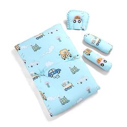 Babyhug 100% Cotton Gadda Bedding Set Cute Car Print - Sea Green| Soft & Breathable Cotton Shell| Mattress with Pillow & 2 Bolsters| Gentle Cushioned Support| Gifting Option for 0to12 Months