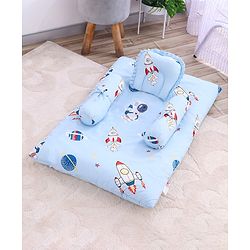 Babyhug 100% Cotton Gadda Bedding Set Cute Car Print - Sea Green| Soft & Breathable Cotton Shell| Mattress with Pillow & 2 Bolsters| Gentle Cushioned Support| Gifting Option for 0to12 Months
