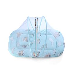 Babyhug 100% Cotton Digital Print Mattress Set with Mosquito Net Sailor Friends -Blue|U Shaped Pillow|Zipper Opening|Foldable & Travel Friendly|Newborn Gifting Option|Use on Floor Cribs Cots or Cradle