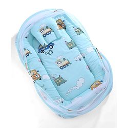 Babyhug 100% Cotton Digital Print Mattress Set with Mosquito Net Sailor Friends -Blue|U Shaped Pillow|Zipper Opening|Foldable & Travel Friendly|Newborn Gifting Option|Use on Floor Cribs Cots or Cradle