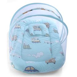 Babyhug 100% Cotton Digital Print Mattress Set with Mosquito Net Sailor Friends -Blue|U Shaped Pillow|Zipper Opening|Foldable & Travel Friendly|Newborn Gifting Option|Use on Floor Cribs Cots or Cradle