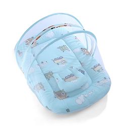 Babyhug 100% Cotton Digital Print Mattress Set with Mosquito Net Sailor Friends -Blue|U Shaped Pillow|Zipper Opening|Foldable & Travel Friendly|Newborn Gifting Option|Use on Floor Cribs Cots or Cradle