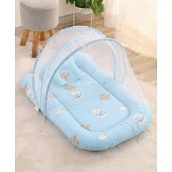Babyhug 100% Cotton Digital Print Mattress Set with Mosquito Net Sailor Friends -Blue|U Shaped Pillow|Zipper Opening|Foldable & Travel Friendly|Newborn Gifting Option|Use on Floor Cribs Cots or Cradle