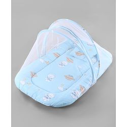 Babyhug 100% Cotton Digital Print Mattress Set with Mosquito Net Sailor Friends -Blue|U Shaped Pillow|Zipper Opening|Foldable & Travel Friendly|Newborn Gifting Option|Use on Floor Cribs Cots or Cradle