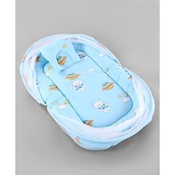 Babyhug 100% Cotton Digital Print Mattress Set with Mosquito Net Sailor Friends -Blue|U Shaped Pillow|Zipper Opening|Foldable & Travel Friendly|Newborn Gifting Option|Use on Floor Cribs Cots or Cradle