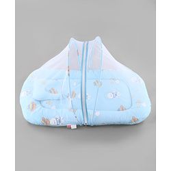 Babyhug 100% Cotton Digital Print Mattress Set with Mosquito Net Sailor Friends -Blue|U Shaped Pillow|Zipper Opening|Foldable & Travel Friendly|Newborn Gifting Option|Use on Floor Cribs Cots or Cradle
