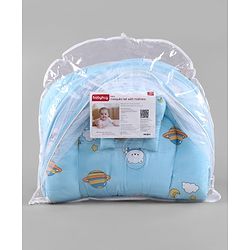 Babyhug 100% Cotton Digital Print Mattress Set with Mosquito Net Sailor Friends -Blue|U Shaped Pillow|Zipper Opening|Foldable & Travel Friendly|Newborn Gifting Option|Use on Floor Cribs Cots or Cradle