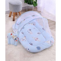 Babyhug 100% Cotton Digital Print Mattress Set with Mosquito Net Sailor Friends -Blue|U Shaped Pillow|Zipper Opening|Foldable & Travel Friendly|Newborn Gifting Option|Use on Floor Cribs Cots or Cradle