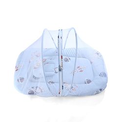Babyhug 100% Cotton Digital Print Mattress Set with Mosquito Net Sailor Friends -Blue|U Shaped Pillow|Zipper Opening|Foldable & Travel Friendly|Newborn Gifting Option|Use on Floor Cribs Cots or Cradle