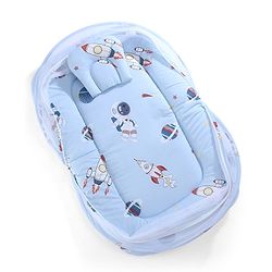 Babyhug 100% Cotton Digital Print Mattress Set with Mosquito Net Sailor Friends -Blue|U Shaped Pillow|Zipper Opening|Foldable & Travel Friendly|Newborn Gifting Option|Use on Floor Cribs Cots or Cradle