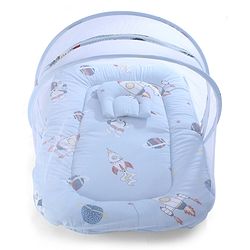 Babyhug 100% Cotton Digital Print Mattress Set with Mosquito Net Sailor Friends -Blue|U Shaped Pillow|Zipper Opening|Foldable & Travel Friendly|Newborn Gifting Option|Use on Floor Cribs Cots or Cradle