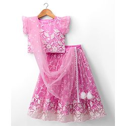 Babyhug Net Woven Frill Sleeves Floral Embroidred Choli Lahenga Set with Dupatta - Pink