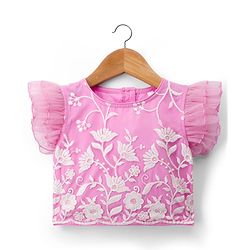 Babyhug Net Woven Frill Sleeves Floral Embroidred Choli Lahenga Set with Dupatta - Pink