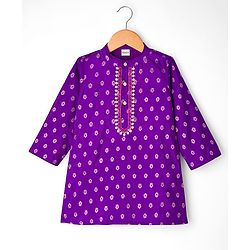 Babyhug Brocade Woven Full Sleeves Kurta Dhoti Set With Floral Foil Print - Purple
