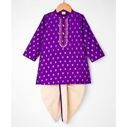 Babyhug Brocade Woven Full Sleeves Kurta Dhoti Set With Floral Foil Print - Purple