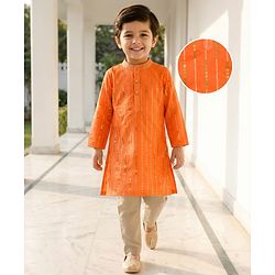 Babyhug  Woven Full Sleeves Sequin Embroidered Kurta Pyjama Set - Orange