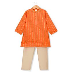 Babyhug  Woven Full Sleeves Sequin Embroidered Kurta Pyjama Set - Orange