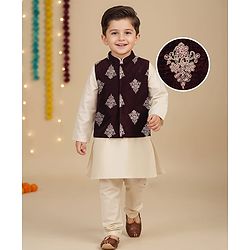 Babyhug Cotton Blend Woven Full Sleeves Kurta Pyjama Set With Floral Embroidered Velvet Nehru Jacket - Beige