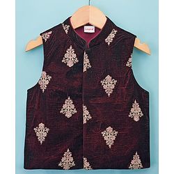 Babyhug Cotton Blend Woven Full Sleeves Kurta Pyjama Set With Floral Embroidered Velvet Nehru Jacket - Beige