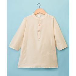 Babyhug Cotton Blend Woven Full Sleeves Kurta Pyjama Set With Floral Embroidered Velvet Nehru Jacket - Beige
