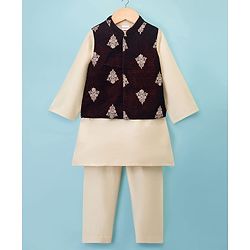 Babyhug Cotton Blend Woven Full Sleeves Kurta Pyjama Set With Floral Embroidered Velvet Nehru Jacket - Beige