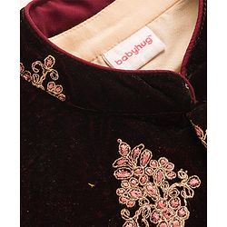 Babyhug Cotton Blend Woven Full Sleeves Kurta Pyjama Set With Floral Embroidered Velvet Nehru Jacket - Beige