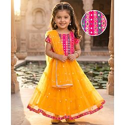 Babyhug Net Woven Half Sleeves Choli Lehenga & Dupatta Set With Sequin Detailing - Yellow