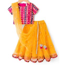 Babyhug Net Woven Half Sleeves Choli Lehenga & Dupatta Set With Sequin Detailing - Yellow