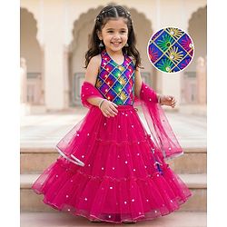 Babyhug Net Woven Sleeveless Halter Neck Embroidered Choli with Shimmer Lehenga & Dupatta Set - Pink & Green