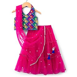 Babyhug Net Woven Sleeveless Halter Neck Embroidered Choli with Shimmer Lehenga & Dupatta Set - Pink & Green