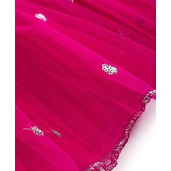 Babyhug Net Woven Sleeveless Halter Neck Embroidered Choli with Shimmer Lehenga & Dupatta Set - Pink & Green