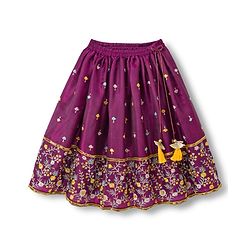 Babyhug Glass Woven Half Puffed Sleeves Floral & Sequin Embroidered Choli Lehenga Set with Dupatta - Wine