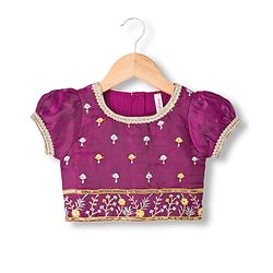 Babyhug Glass Woven Half Puffed Sleeves Floral & Sequin Embroidered Choli Lehenga Set with Dupatta - Wine