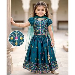 Babyhug Half Sleeves Floral Embroidered  Choli Lehenga & Dupatta Set - Teal