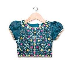Babyhug Half Sleeves Floral Embroidered  Choli Lehenga & Dupatta Set - Teal