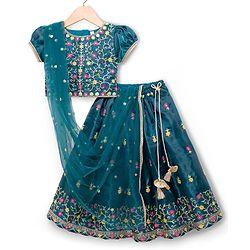 Babyhug Half Sleeves Floral Embroidered  Choli Lehenga & Dupatta Set - Teal