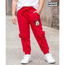 Babyhug Disney Terry Knit Full Length Track Pant With Minnie Mouse Graphics Badge & Bow Detailing - Red