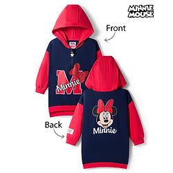 Babyhug Disney Terry Knit Full Sleeves Oversized Drop Shoulder Hooded Cut & Sew One Piece Sweatshirt Dress with Front & Back Minnie Mouse Graphics - Navy Blue & Red