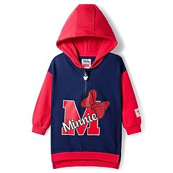 Babyhug Disney Terry Knit Full Sleeves Oversized Drop Shoulder Hooded Cut & Sew One Piece Sweatshirt Dress with Front & Back Minnie Mouse Graphics - Navy Blue & Red