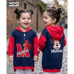 Babyhug Disney Terry Knit Full Sleeves Oversized Drop Shoulder Hooded Cut & Sew One Piece Sweatshirt Dress with Front & Back Minnie Mouse Graphics - Navy Blue & Red