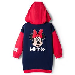 Babyhug Disney Terry Knit Full Sleeves Oversized Drop Shoulder Hooded Cut & Sew One Piece Sweatshirt Dress with Front & Back Minnie Mouse Graphics - Navy Blue & Red