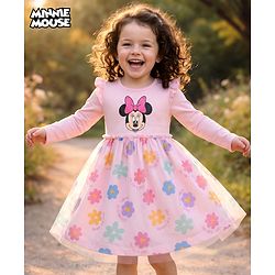 Babyhug Disney Single Jersey Knit Full Sleeves Frock With Minnie Mouse Graphics & Mesh Detailing - Pink