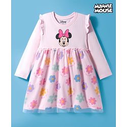 Babyhug Disney Single Jersey Knit Full Sleeves Frock With Minnie Mouse Graphics & Mesh Detailing - Pink