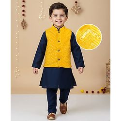 Babyhug Woven Full Sleeves Solid Kurta Payjama Set with Embroidered Jacket - Navy