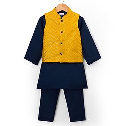 Babyhug Woven Full Sleeves Solid Kurta Payjama Set with Embroidered Jacket - Navy