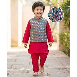 Babyhug Woven Full Sleeves Kurta Pajama & Embriodered Jacket Set - Red